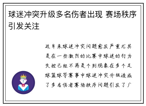 球迷冲突升级多名伤者出现 赛场秩序引发关注 球迷冲突升级多名伤者出现 赛场秩序引发关注
